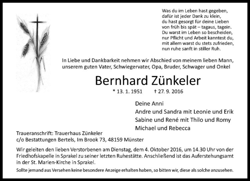  Traueranzeige für Bernhard Zünkeler vom 01.10.2016 aus Westfälische Nachrichten