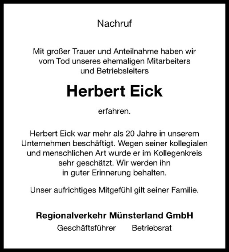  Traueranzeige für Herbert Eick vom 08.10.2016 aus Westfälische Nachrichten