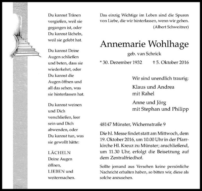  Traueranzeige für Annemarie Wohlhage vom 15.10.2016 aus Westfälische Nachrichten