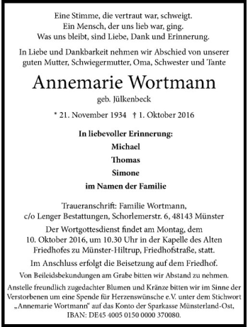 Anzeige von Annemarie Wortmann von Westfälische Nachrichten