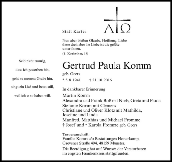Anzeige von Gertrud Paula Komm von Westfälische Nachrichten