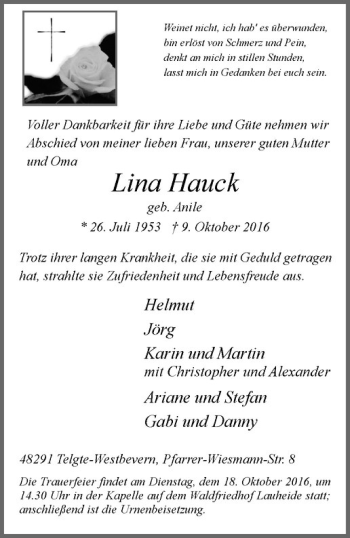 Anzeige von Lina Hauck von Westfälische Nachrichten
