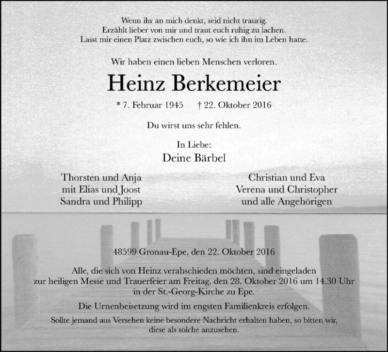  Traueranzeige für Heinz Berkemeier vom 25.10.2016 aus Westfälische Nachrichten