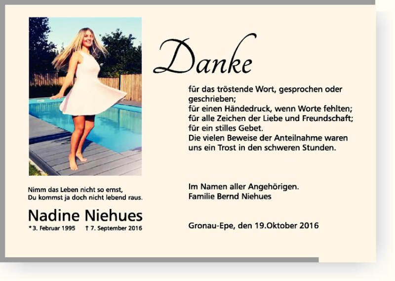  Traueranzeige für Nadine Niehues vom 19.10.2016 aus Westfälische Nachrichten