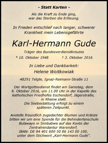 Anzeige von Karl-Hermann Gude von Westfälische Nachrichten