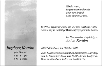 Anzeige von Ingeborg Kortüm von Westfälische Nachrichten