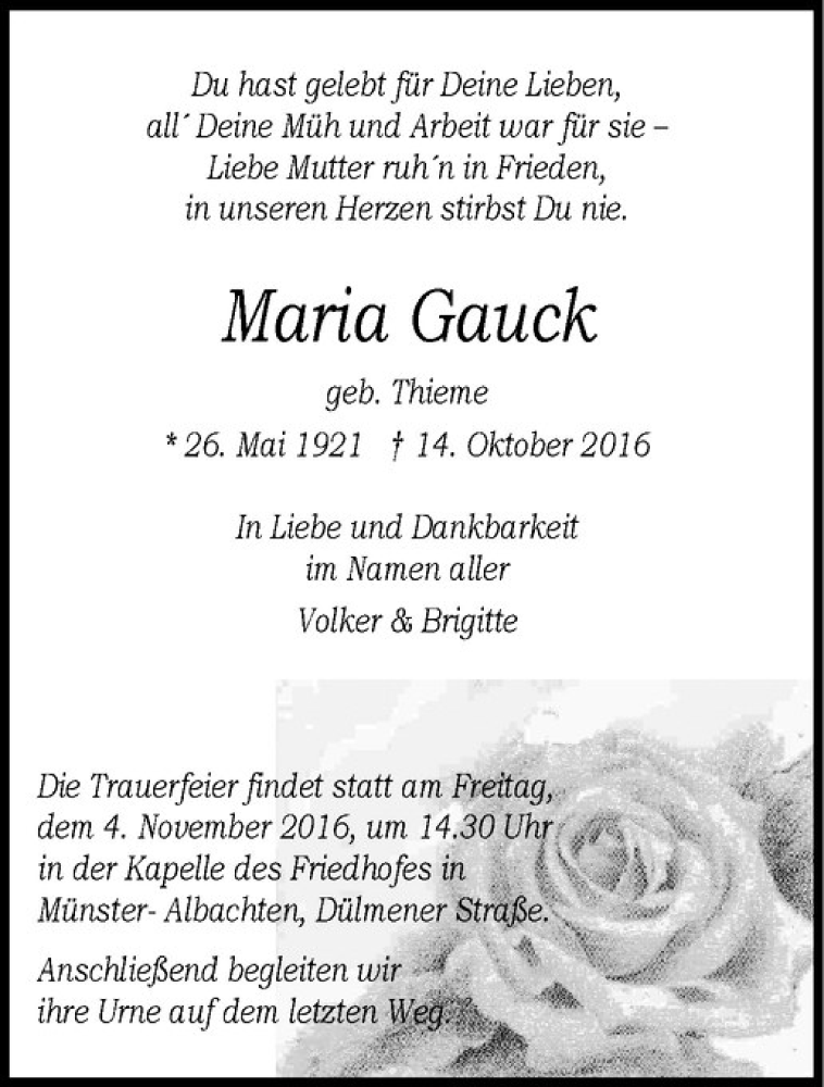  Traueranzeige für Maria Gauck vom 29.10.2016 aus Westfälische Nachrichten
