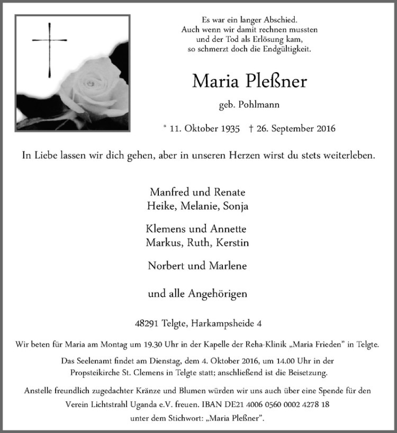  Traueranzeige für Maria Pleßner vom 01.10.2016 aus Westfälische Nachrichten