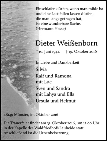 Anzeige von Dieter Weißenborn von Westfälische Nachrichten