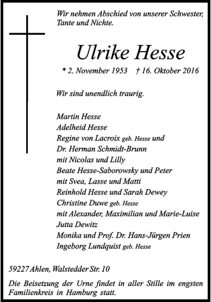  Traueranzeige für Ulrike Hesse vom 22.10.2016 aus Westfälische Nachrichten