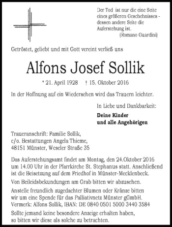 Anzeige von Alfons Josef Sollik von Westfälische Nachrichten