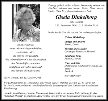 Anzeige von Gisela Dinkelborg von Westfälische Nachrichten