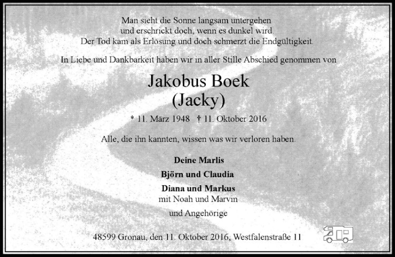  Traueranzeige für Jakobus Boek vom 19.10.2016 aus Westfälische Nachrichten