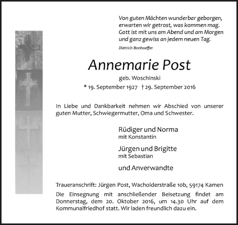  Traueranzeige für Annemarie Post vom 15.10.2016 aus Westfälische Nachrichten