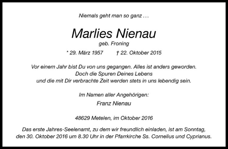  Traueranzeige für Marlies Nienau vom 26.10.2016 aus Westfälische Nachrichten