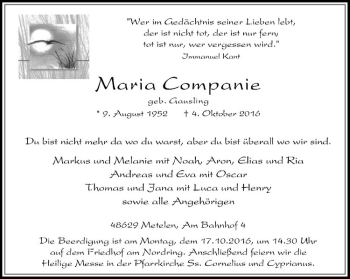 Anzeige von Maria Companie von Westfälische Nachrichten