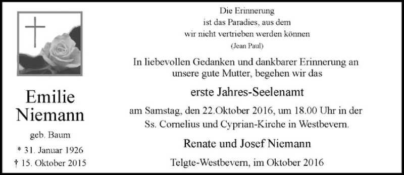  Traueranzeige für Emilie Niemann vom 15.10.2016 aus Westfälische Nachrichten