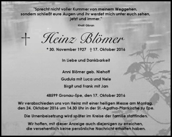Anzeige von Heinz Blömer von Westfälische Nachrichten