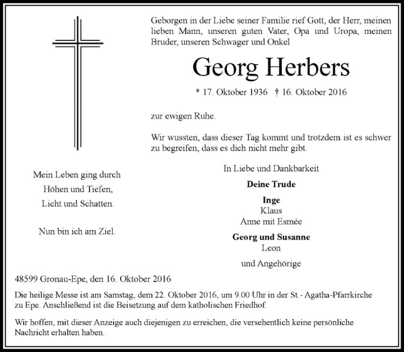  Traueranzeige für Georg Herbers vom 19.10.2016 aus Westfälische Nachrichten