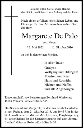 Anzeige von Margarete De Palo von Westfälische Nachrichten