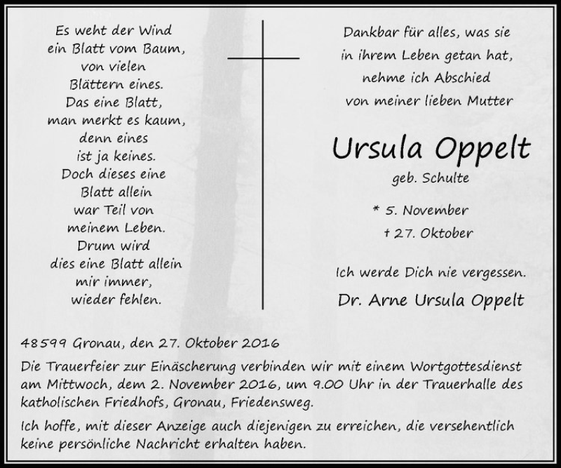  Traueranzeige für Ursula Oppelt vom 29.10.2016 aus Westfälische Nachrichten