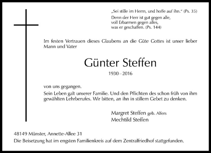  Traueranzeige für Günter Steffen vom 08.10.2016 aus Westfälische Nachrichten
