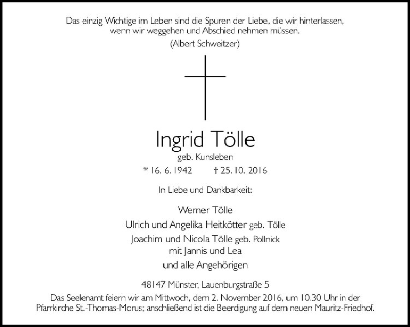  Traueranzeige für Ingrid Tölle vom 28.10.2016 aus Westfälische Nachrichten