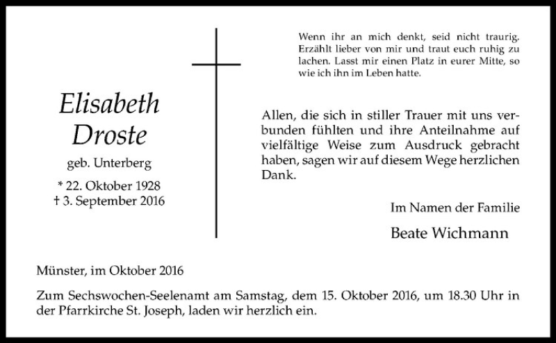  Traueranzeige für Elisabeth Droste vom 12.10.2016 aus Westfälische Nachrichten