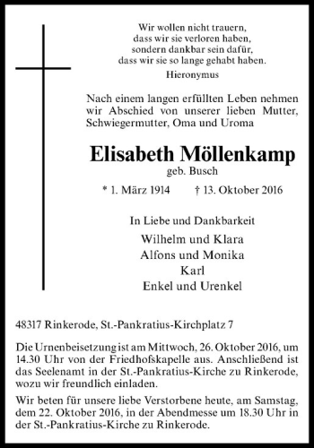 Anzeige von Elisabeth Möllenkamp von Westfälische Nachrichten
