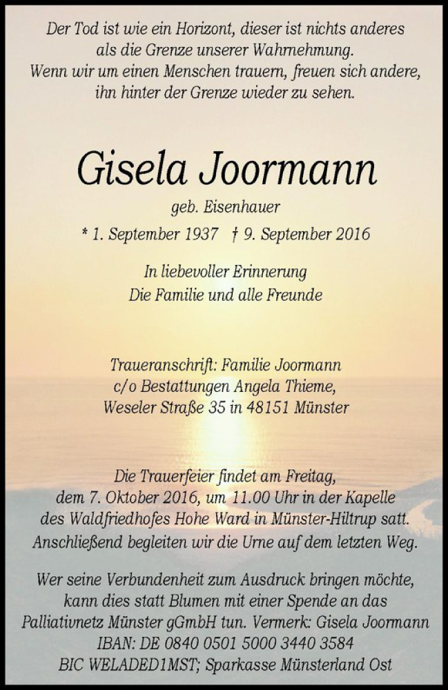  Traueranzeige für Gisela Joormann vom 01.10.2016 aus Westfälische Nachrichten