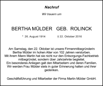 Anzeige von Bertha Mülder von Westfälische Nachrichten
