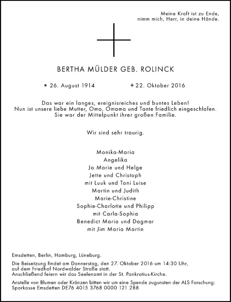  Traueranzeige für Bertha Mülder vom 25.10.2016 aus Westfälische Nachrichten