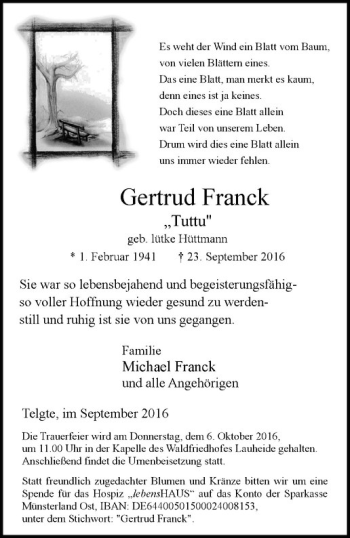 Anzeige von Gertrud Frank von Westfälische Nachrichten