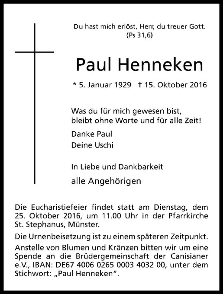  Traueranzeige für Paul Henneken vom 21.10.2016 aus Westfälische Nachrichten
