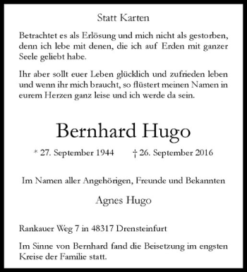 Anzeige von Bernhard Hugo von Westfälische Nachrichten