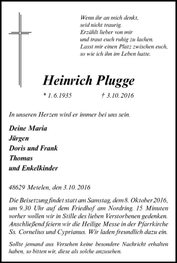 Anzeige von Heinrich Plugge von Westfälische Nachrichten