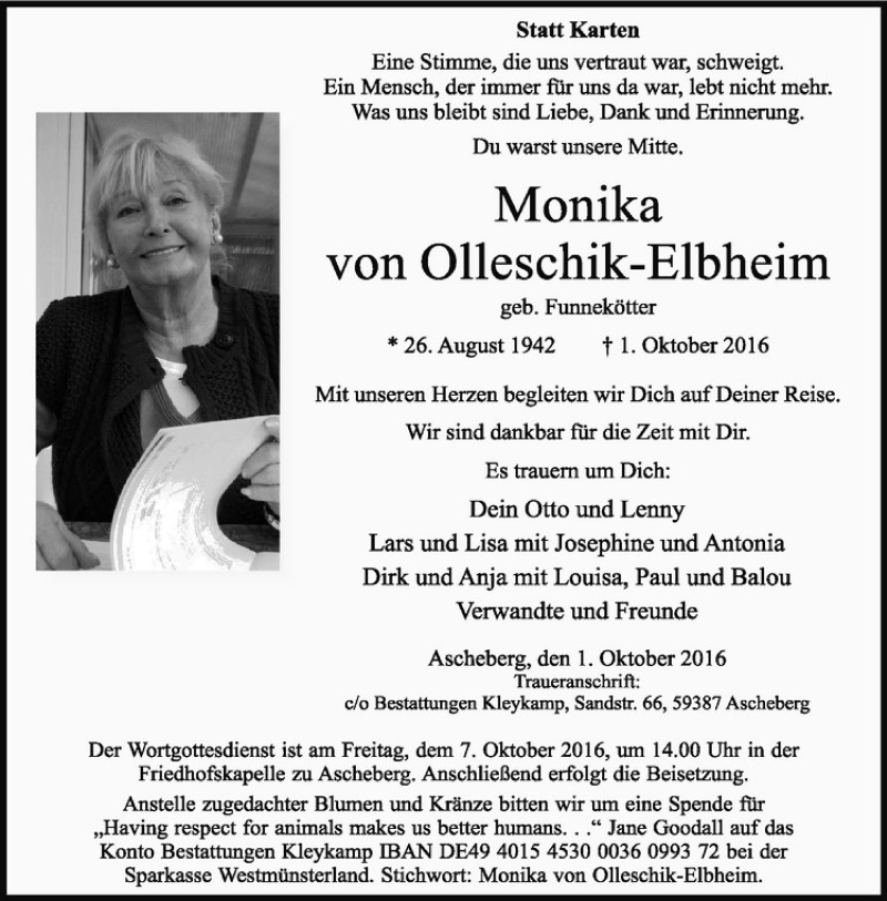 Traueranzeige für Monika von Olleschik-Elbheim vom 05.10.2016 aus Westfälische Nachrichten