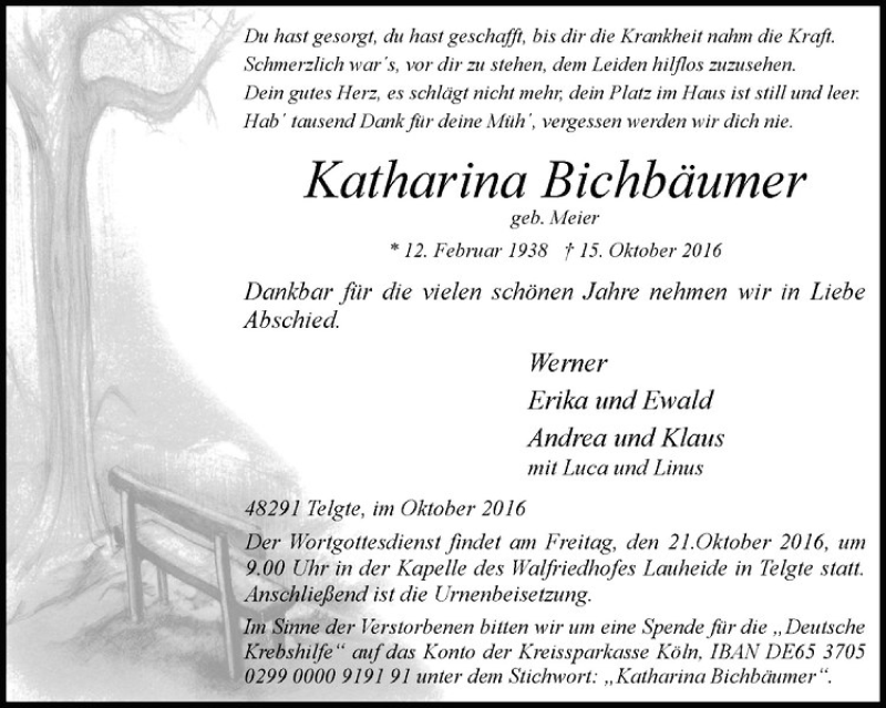  Traueranzeige für Katharina Bichbäumer vom 19.10.2016 aus Westfälische Nachrichten