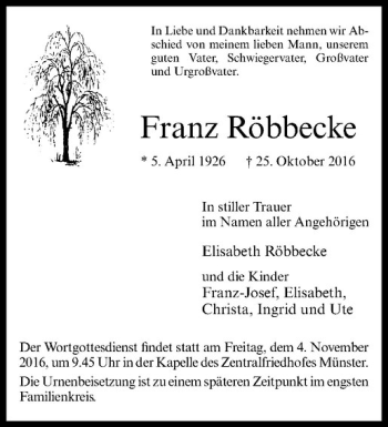 Anzeige von Franz Röbbecke von Westfälische Nachrichten