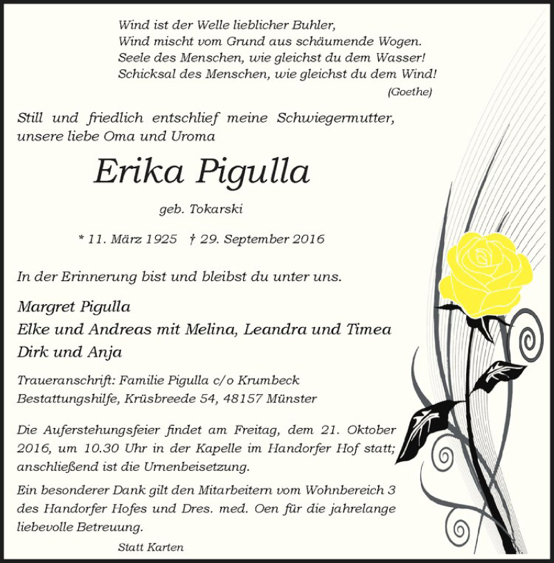  Traueranzeige für Erika Pigulla vom 15.10.2016 aus Westfälische Nachrichten
