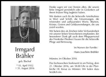 Anzeige von Irmgard Brähler von Westfälische Nachrichten