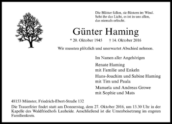 Anzeige von Günter Haming von Westfälische Nachrichten