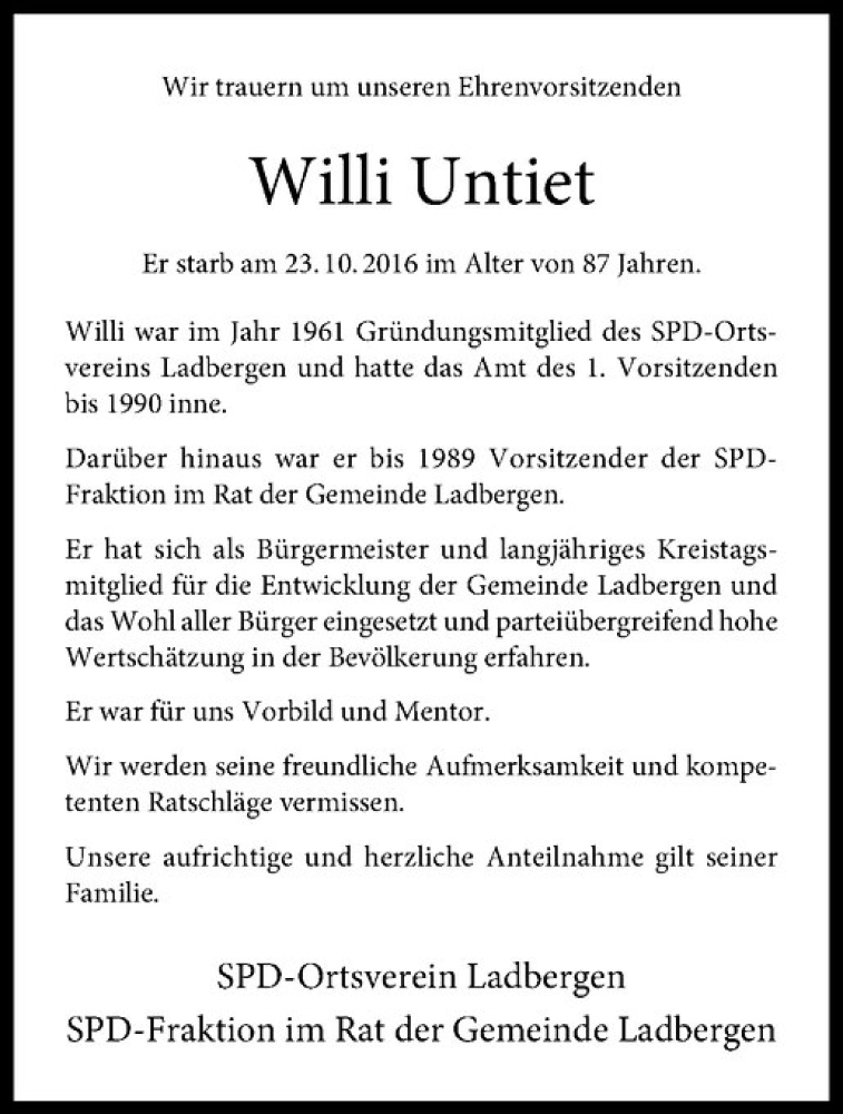  Traueranzeige für Willi Untiet vom 27.10.2016 aus Westfälische Nachrichten