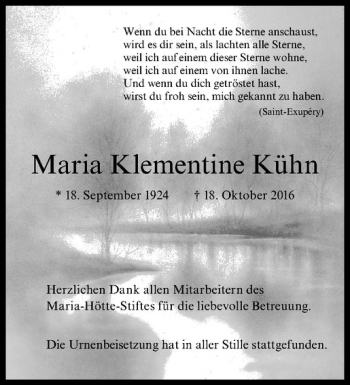 Anzeige von Maria Klementine Kühn von Westfälische Nachrichten