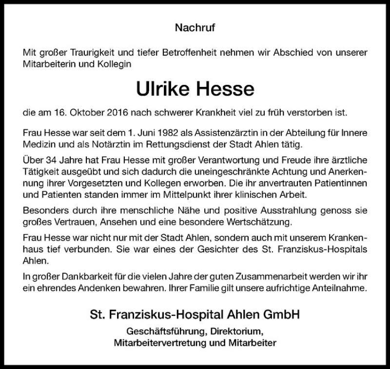  Traueranzeige für Ulrike Hesse vom 22.10.2016 aus Westfälische Nachrichten