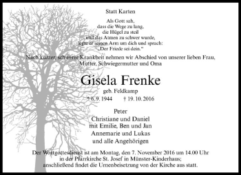 Anzeige von Gisela Frenke von Westfälische Nachrichten