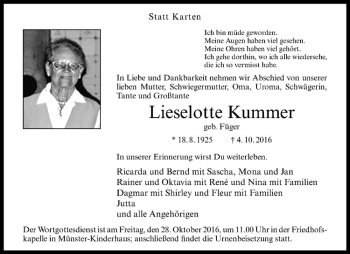 Anzeige von Lieselotte Kummer von Westfälische Nachrichten