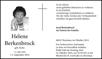 Anzeige von Helene Berkenbrock von Westfälische Nachrichten