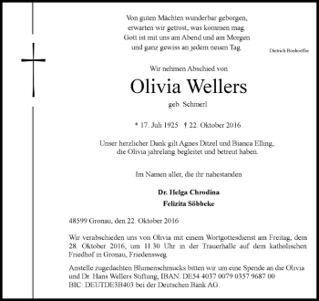 Anzeige von Olivia Wellers von Westfälische Nachrichten