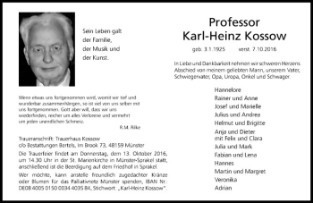 Anzeige von Karl-Heinz Kossow von Westfälische Nachrichten